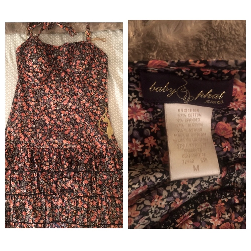 Baby Phat floral backless halter dress with gold embellishments. Size medium.